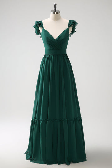 Vestido largo de dama de honor de gasa con cuello en V de línea verde oscuro